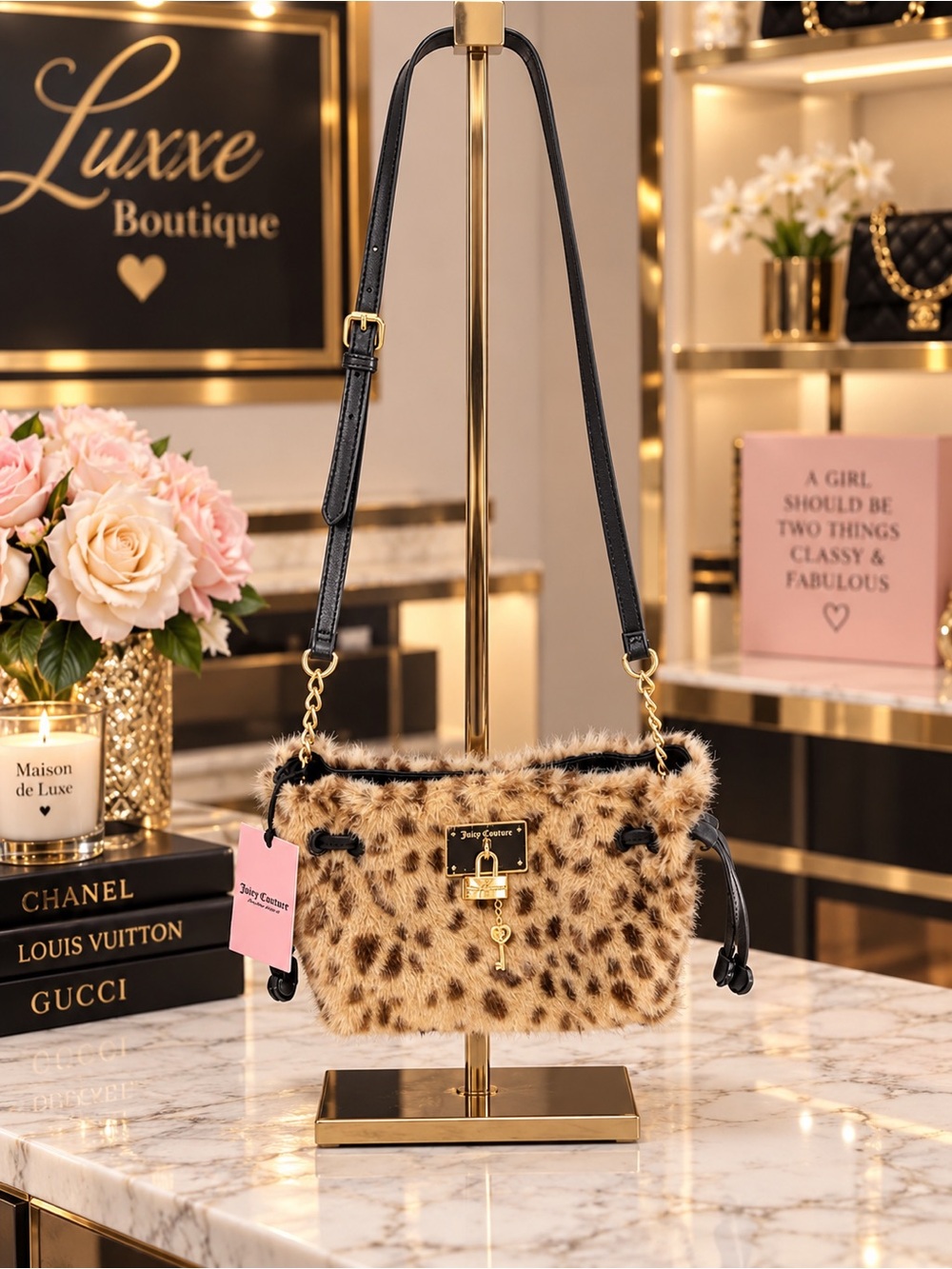 Juicy Couture Leopard Faux Fur Shoulder Bag Gold Lock & Key Charm